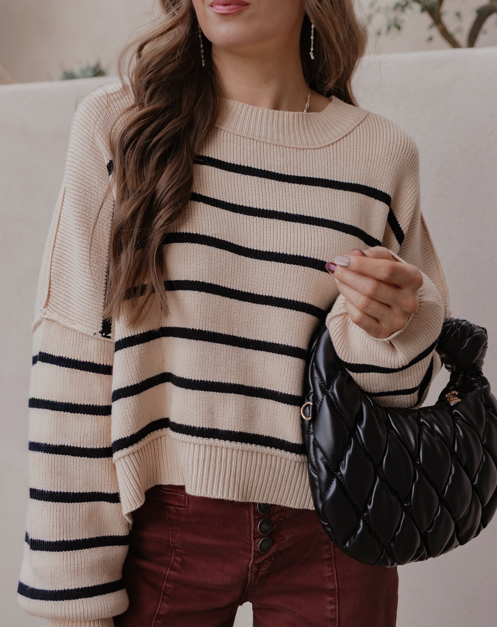 Round Neck Striped Side Slit Lantern Sleeve Sweater-Sweater-Krush Kandy, Women's Online Fashion Boutique Located in Phoenix, Arizona (Scottsdale Area)