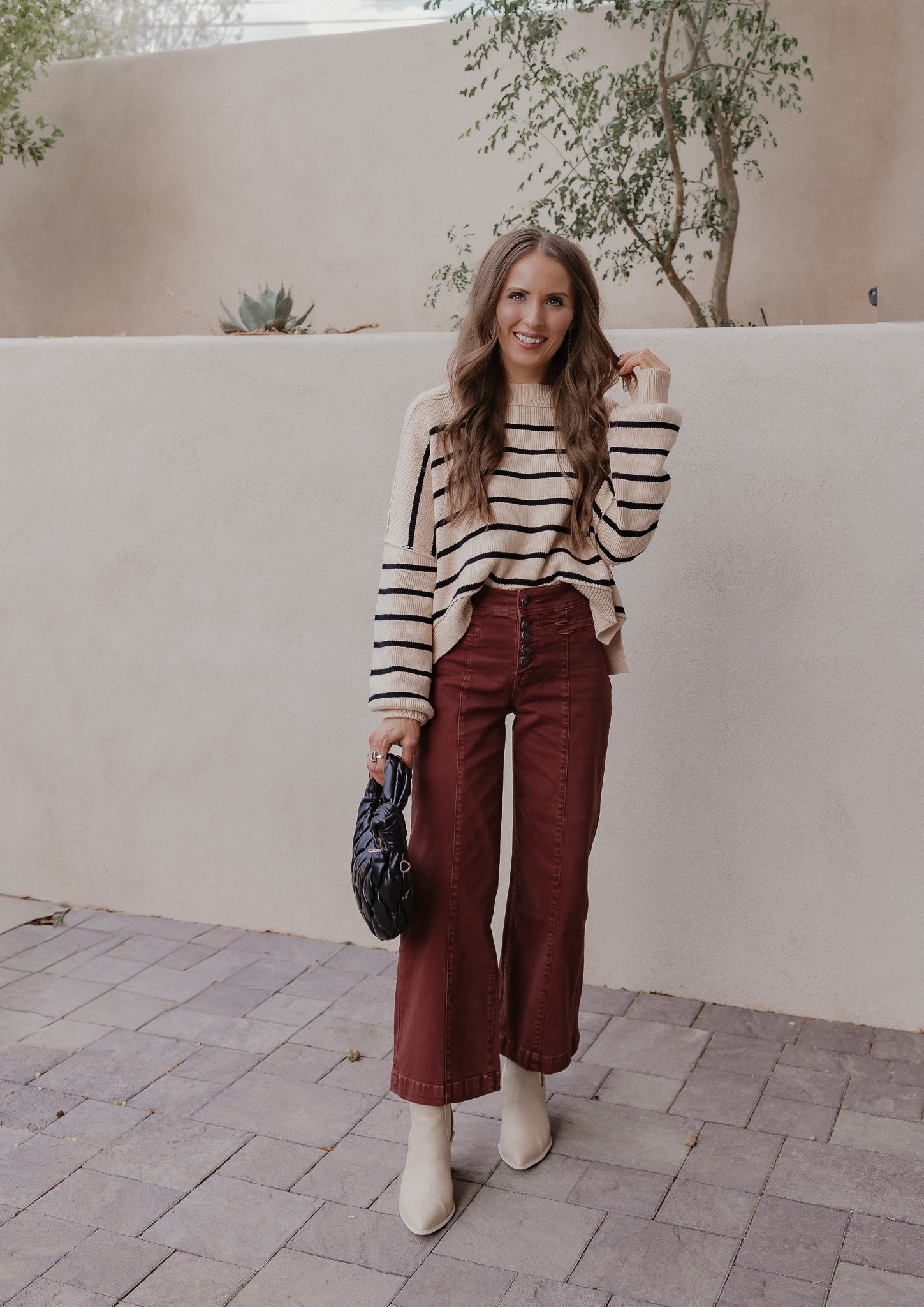 Round Neck Striped Side Slit Lantern Sleeve Sweater-Sweater-Krush Kandy, Women's Online Fashion Boutique Located in Phoenix, Arizona (Scottsdale Area)