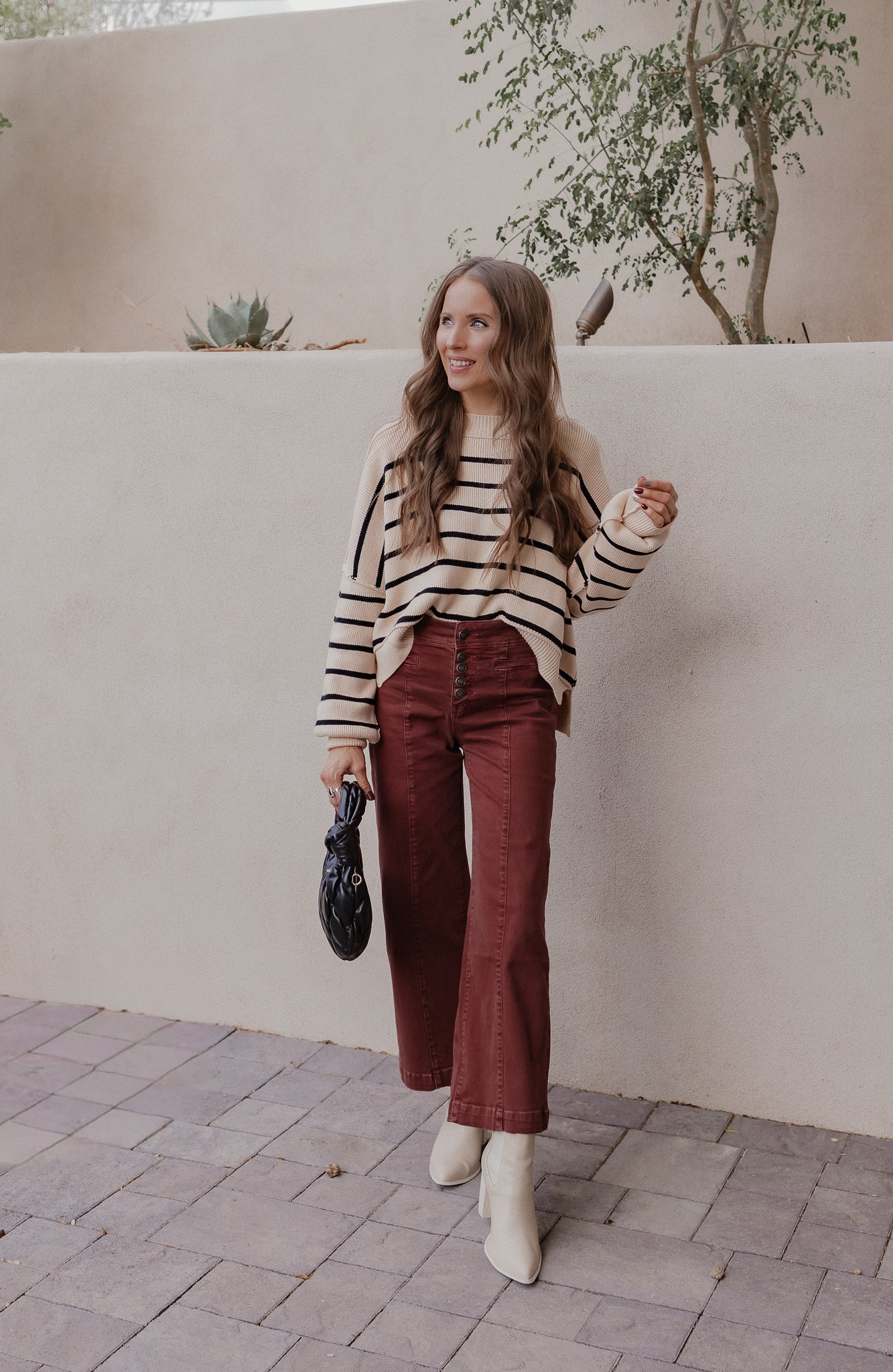 Round Neck Striped Side Slit Lantern Sleeve Sweater-Sweater-Krush Kandy, Women's Online Fashion Boutique Located in Phoenix, Arizona (Scottsdale Area)