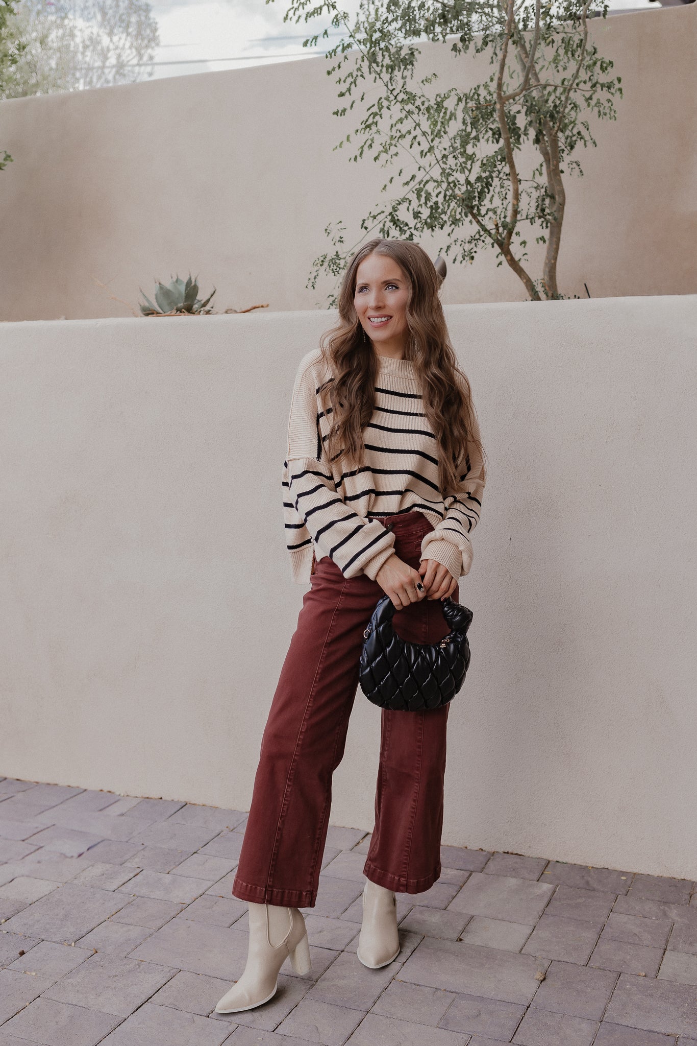 Round Neck Striped Side Slit Lantern Sleeve Sweater-Sweater-Krush Kandy, Women's Online Fashion Boutique Located in Phoenix, Arizona (Scottsdale Area)