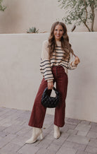 Round Neck Striped Side Slit Lantern Sleeve Sweater-Sweater-Krush Kandy, Women's Online Fashion Boutique Located in Phoenix, Arizona (Scottsdale Area)