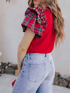 Plaid Pearl Ruffle Short Sleeve Loose T Shirt-Tops-Krush Kandy, Women's Online Fashion Boutique Located in Phoenix, Arizona (Scottsdale Area)