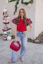 Plaid Pearl Ruffle Short Sleeve Loose T Shirt-Tops-Krush Kandy, Women's Online Fashion Boutique Located in Phoenix, Arizona (Scottsdale Area)