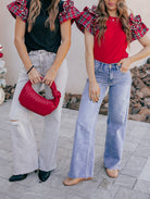 Plaid Pearl Ruffle Short Sleeve Loose T Shirt-Tops-Krush Kandy, Women's Online Fashion Boutique Located in Phoenix, Arizona (Scottsdale Area)