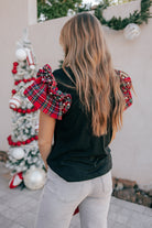 Plaid Pearl Ruffle Short Sleeve Loose T Shirt-Tops-Krush Kandy, Women's Online Fashion Boutique Located in Phoenix, Arizona (Scottsdale Area)