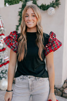 Plaid Pearl Ruffle Short Sleeve Loose T Shirt-Tops-Krush Kandy, Women's Online Fashion Boutique Located in Phoenix, Arizona (Scottsdale Area)