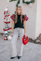 Plaid Pearl Ruffle Short Sleeve Loose T Shirt-Tops-Krush Kandy, Women's Online Fashion Boutique Located in Phoenix, Arizona (Scottsdale Area)