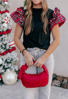 Plaid Pearl Ruffle Short Sleeve Loose T Shirt-Tops-Krush Kandy, Women's Online Fashion Boutique Located in Phoenix, Arizona (Scottsdale Area)