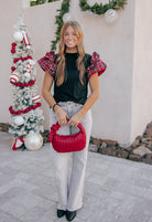 Plaid Pearl Ruffle Short Sleeve Loose T Shirt-Tops-Krush Kandy, Women's Online Fashion Boutique Located in Phoenix, Arizona (Scottsdale Area)