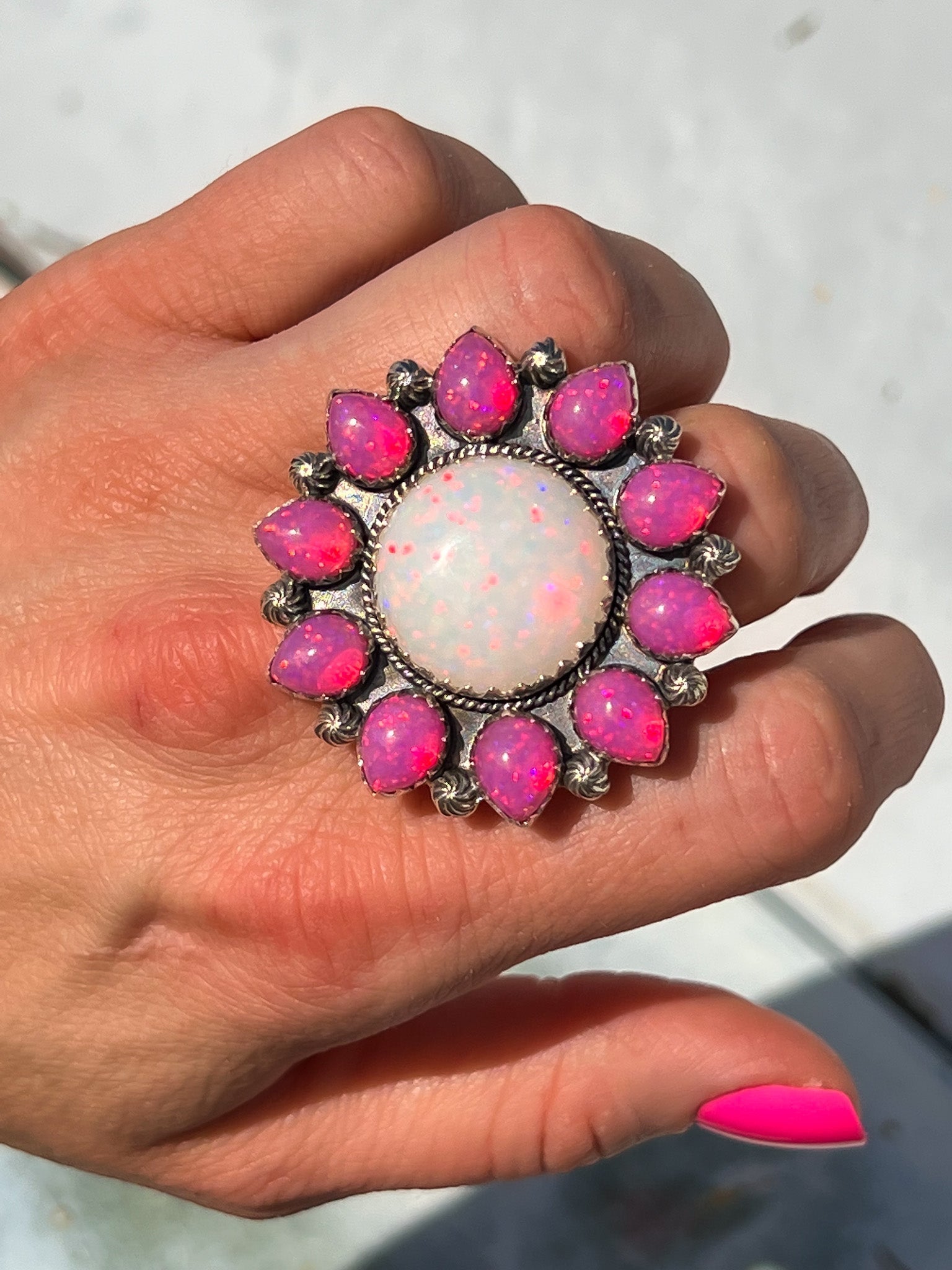 Pink & White Opal Sunflower Cluster Sterling Silver Ring-Krush Kandy, Women's Online Fashion Boutique Located in Phoenix, Arizona (Scottsdale Area)