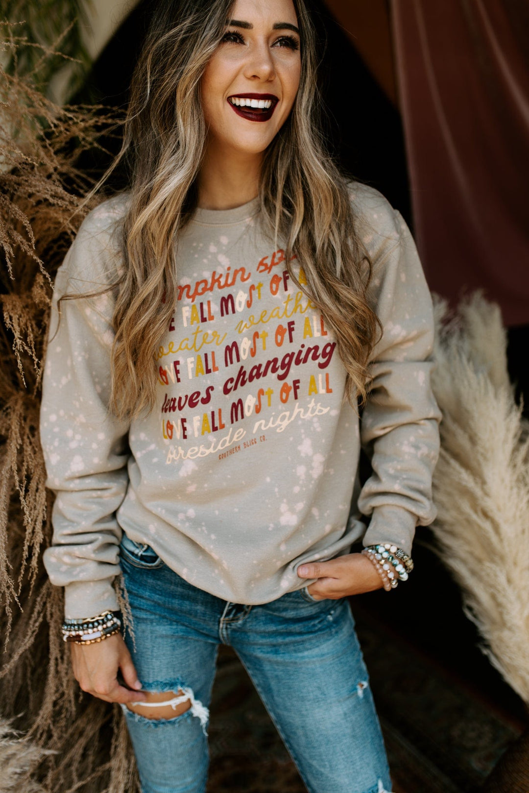 Love Fall Most of All Bleached Sweatshirt-Graphic Tees-Krush Kandy, Women's Online Fashion Boutique Located in Phoenix, Arizona (Scottsdale Area)