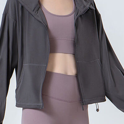 Drawstring Zip Up Dropped Shoulder Active Outerwear-Krush Kandy, Women's Online Fashion Boutique Located in Phoenix, Arizona (Scottsdale Area)