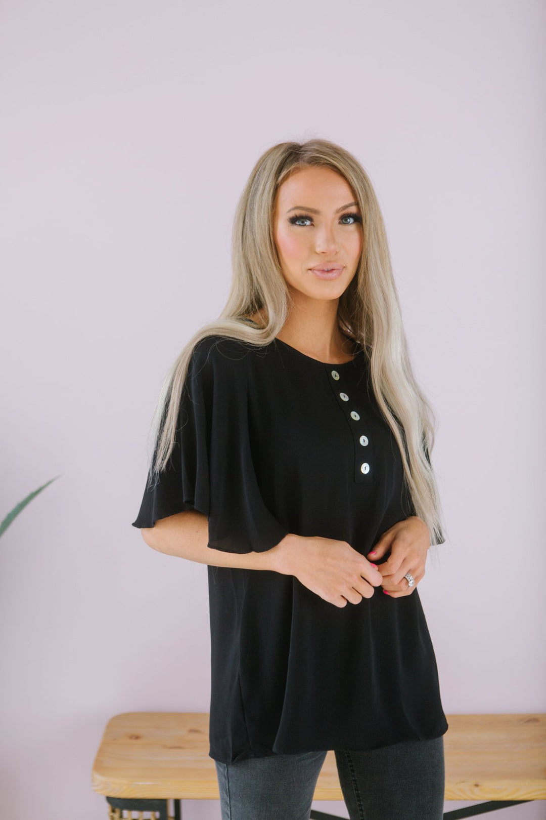 Button Flutter Sleeve Top-Short Sleeve Tops-Krush Kandy, Women's Online Fashion Boutique Located in Phoenix, Arizona (Scottsdale Area)