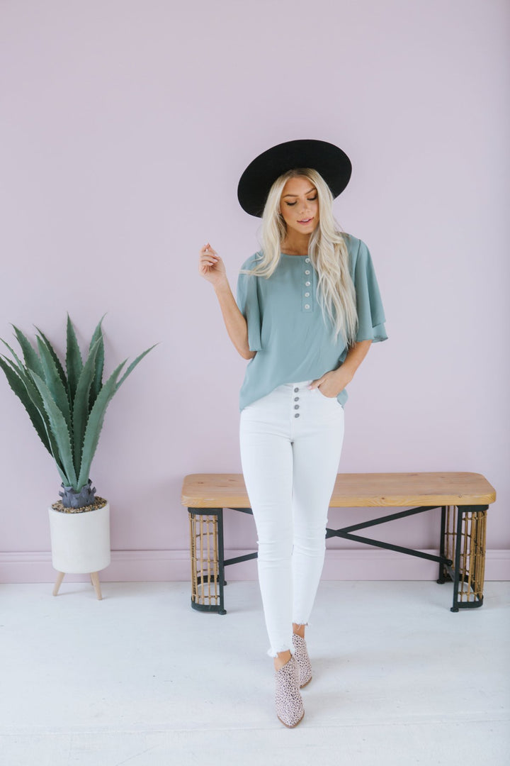 Button Flutter Sleeve Top-Short Sleeve Tops-Krush Kandy, Women's Online Fashion Boutique Located in Phoenix, Arizona (Scottsdale Area)