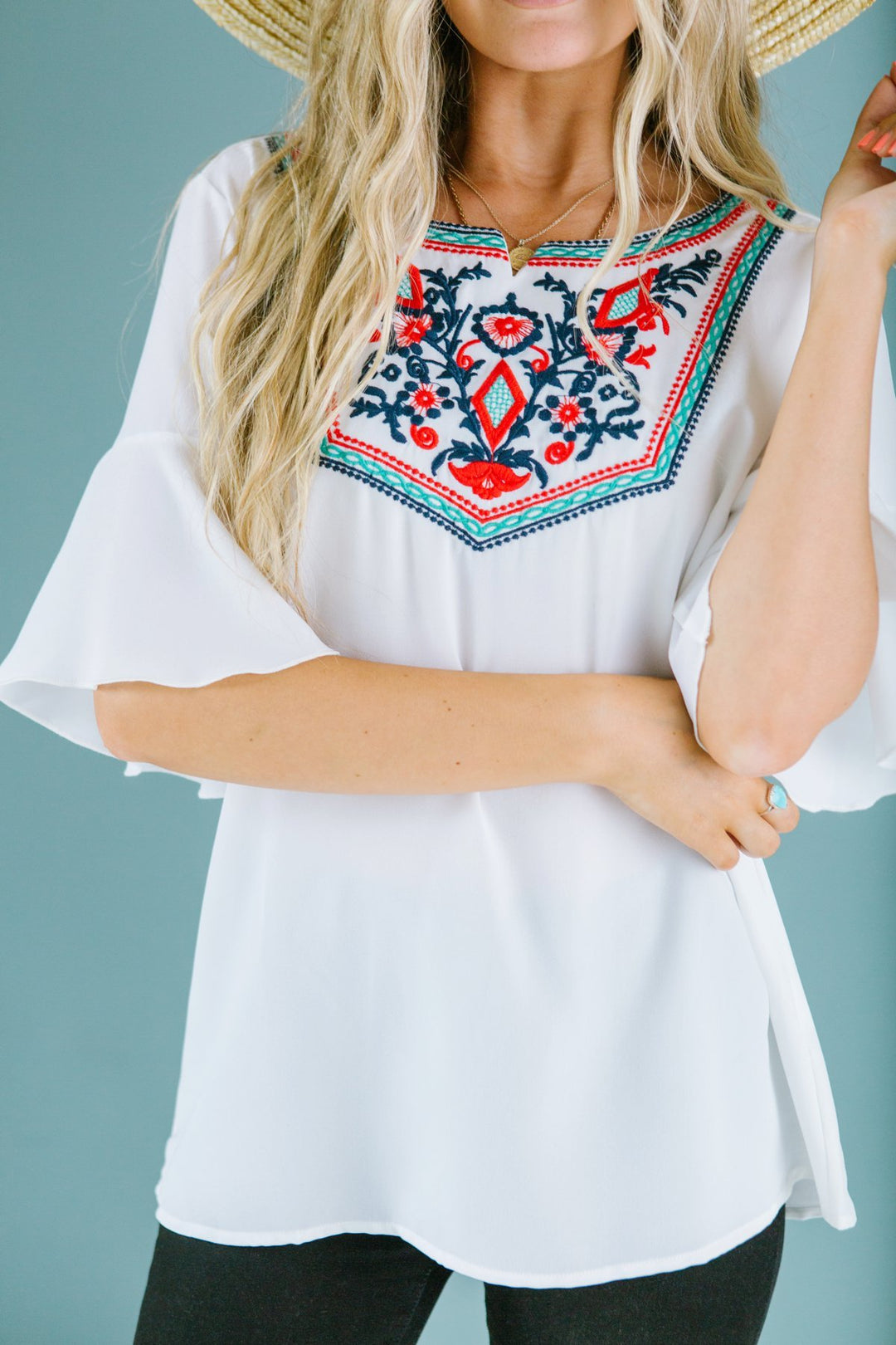 Embroidered Ruffle Sleeve Top-Short Sleeve Tops-Krush Kandy, Women's Online Fashion Boutique Located in Phoenix, Arizona (Scottsdale Area)