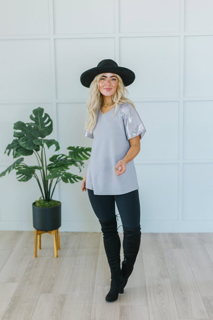 Sequin Sleeve Tunic-Short Sleeve Tops-Krush Kandy, Women's Online Fashion Boutique Located in Phoenix, Arizona (Scottsdale Area)