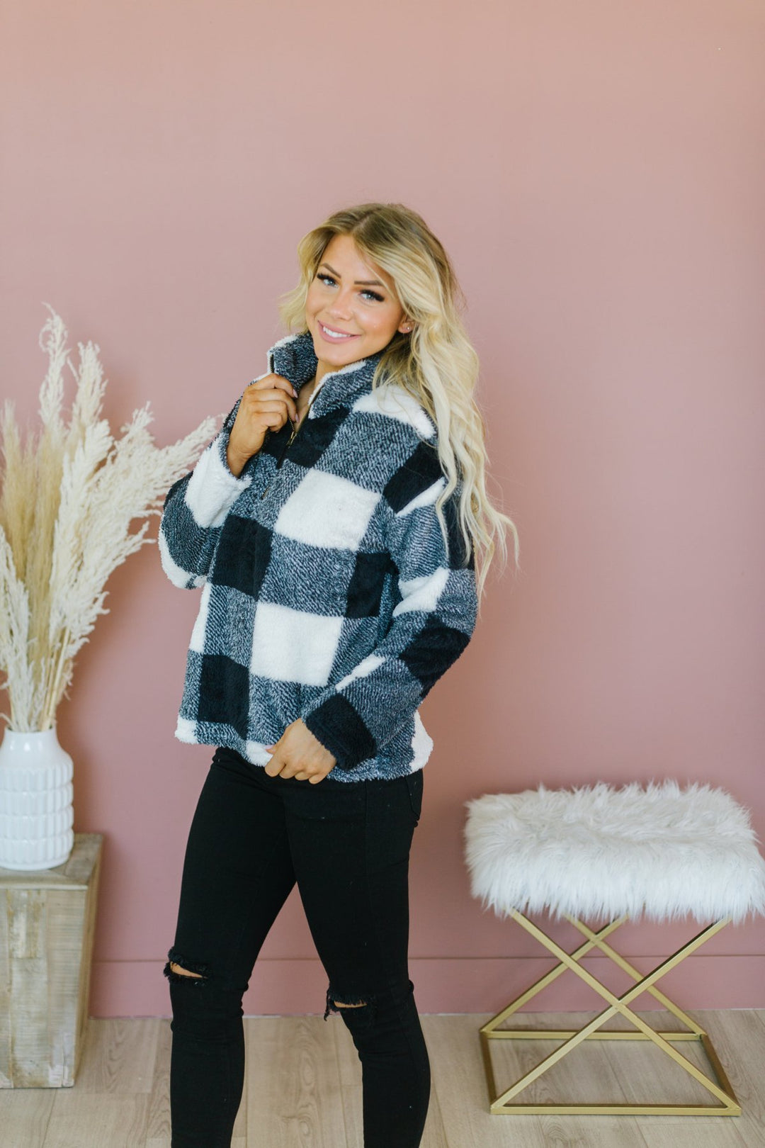 Plaid Half Zip Sherpa-Sweaters-Krush Kandy, Women's Online Fashion Boutique Located in Phoenix, Arizona (Scottsdale Area)