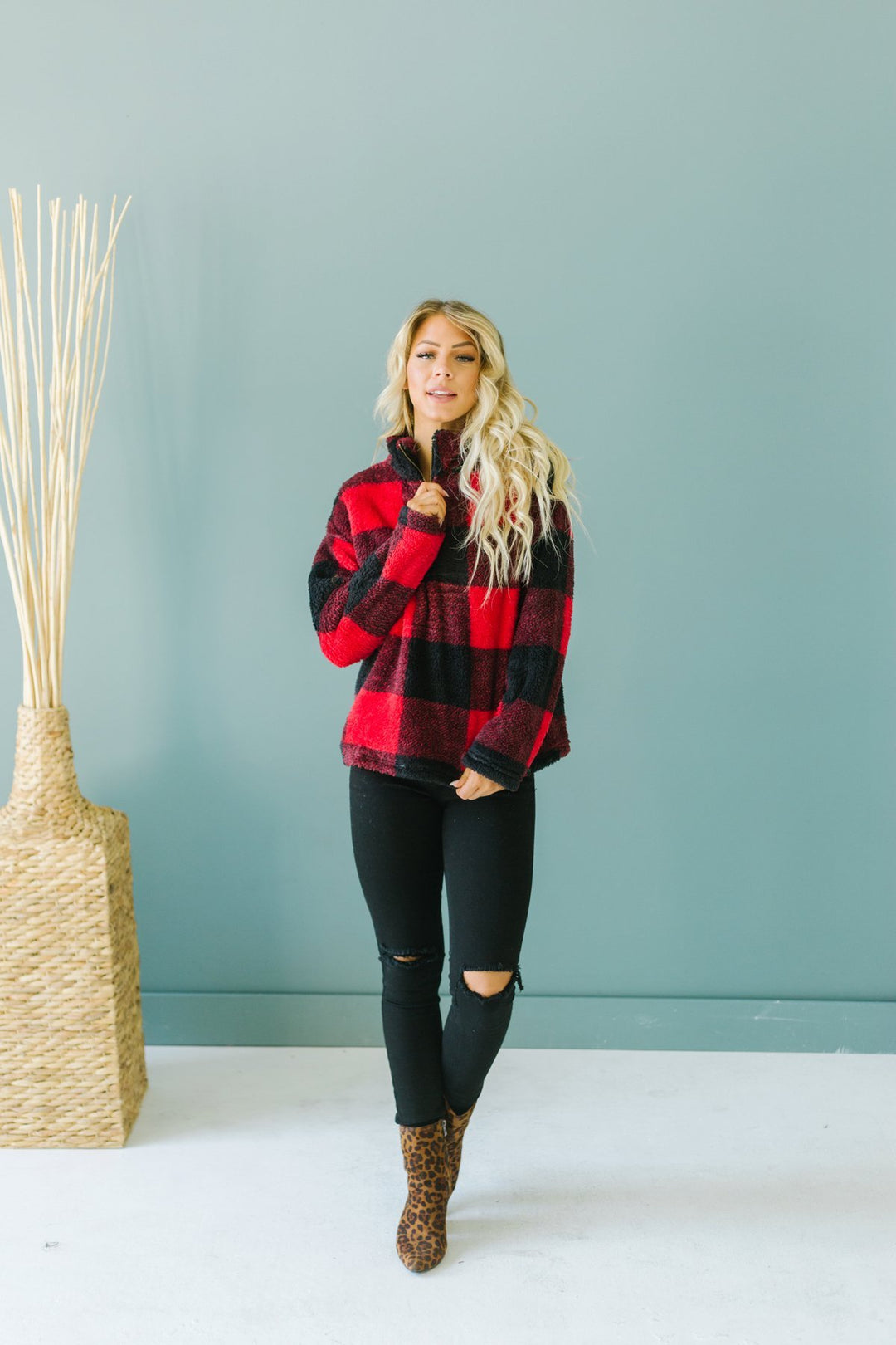 Plaid Half Zip Sherpa-Sweaters-Krush Kandy, Women's Online Fashion Boutique Located in Phoenix, Arizona (Scottsdale Area)