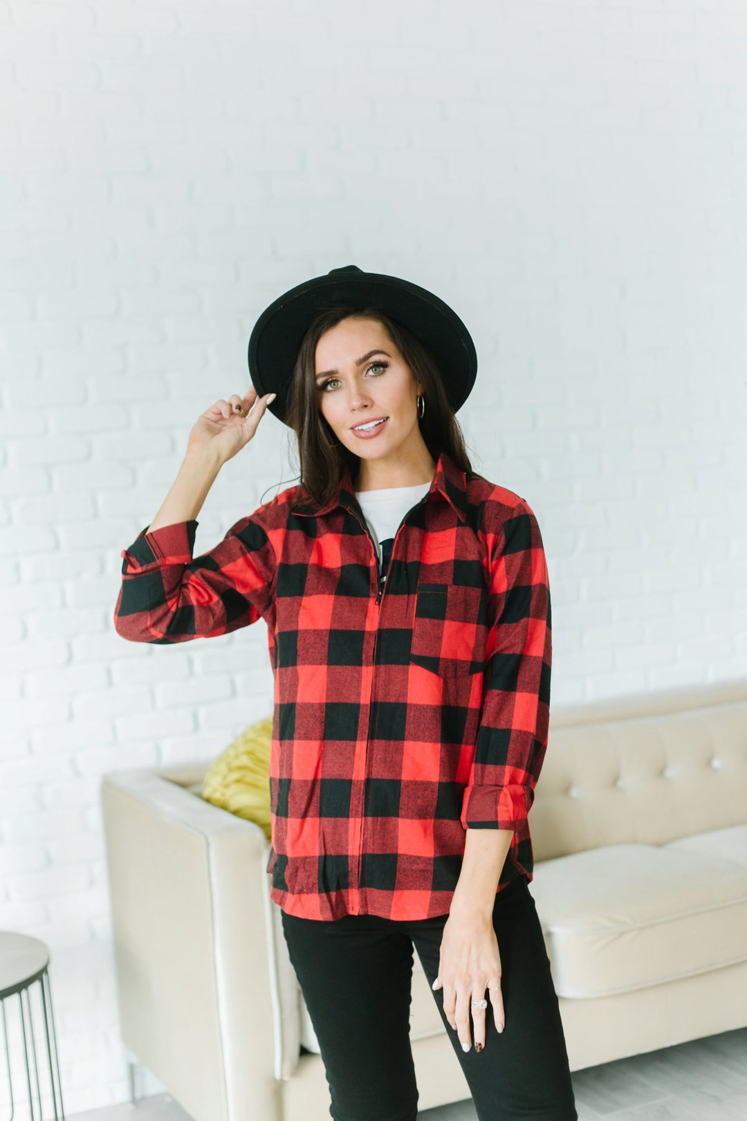 Plaid Zip Up Top-Pullovers-Krush Kandy, Women's Online Fashion Boutique Located in Phoenix, Arizona (Scottsdale Area)