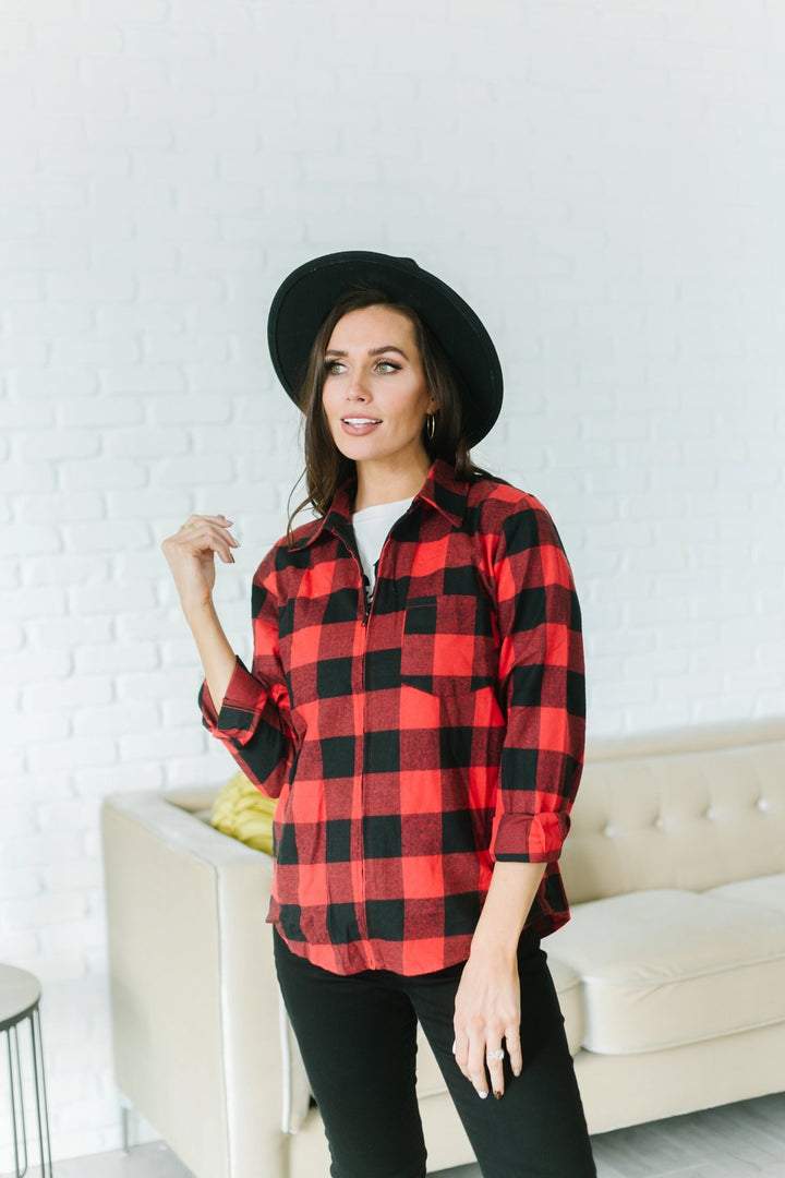 Plaid Zip Up Top-Pullovers-Krush Kandy, Women's Online Fashion Boutique Located in Phoenix, Arizona (Scottsdale Area)