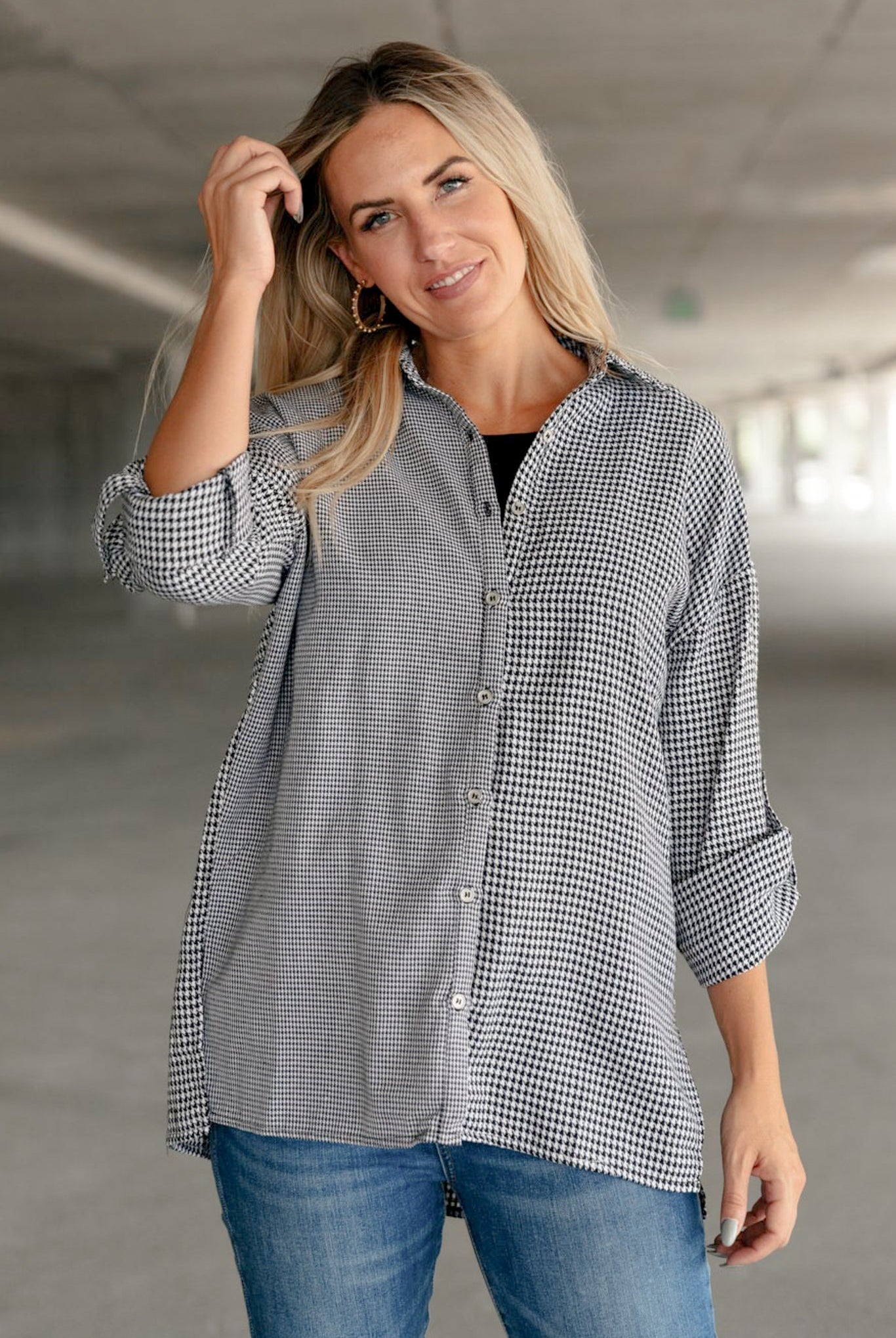 Mixed Houndstooth Button Up Top-Long Sleeve Tops-Krush Kandy, Women's Online Fashion Boutique Located in Phoenix, Arizona (Scottsdale Area)