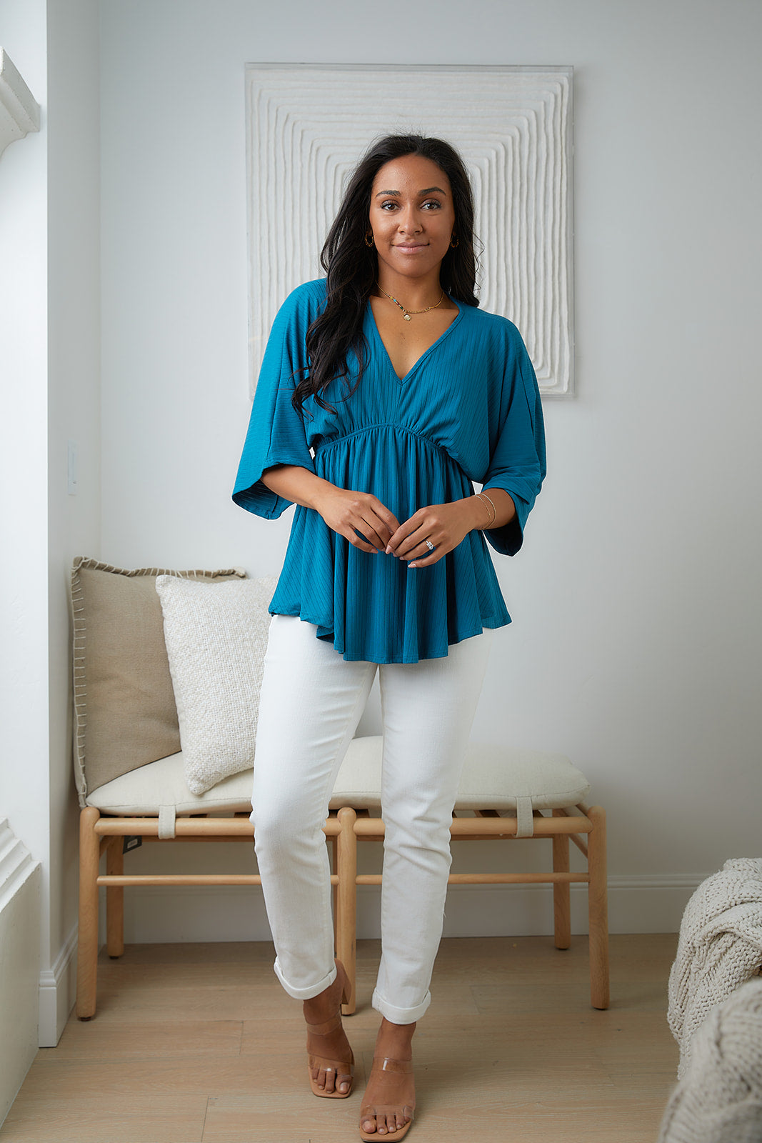 Storied Moments Draped Peplum Top in Teal-Short Sleeve Tops-Krush Kandy, Women's Online Fashion Boutique Located in Phoenix, Arizona (Scottsdale Area)