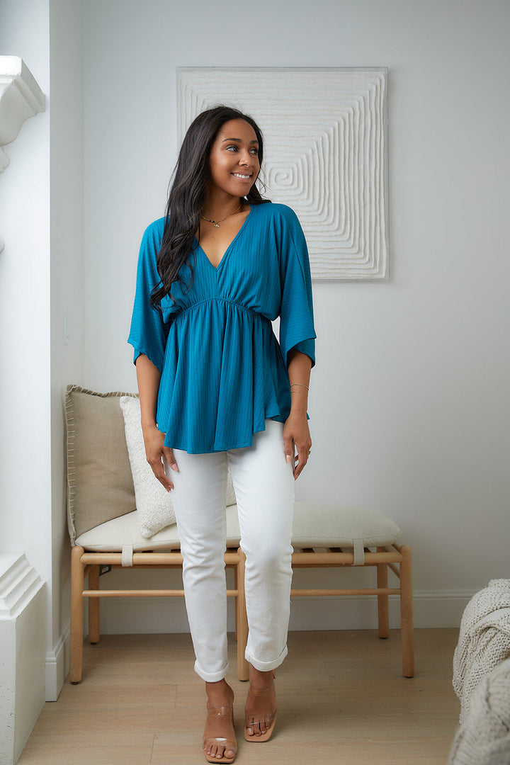 Storied Moments Draped Peplum Top in Teal-Short Sleeve Tops-Krush Kandy, Women's Online Fashion Boutique Located in Phoenix, Arizona (Scottsdale Area)