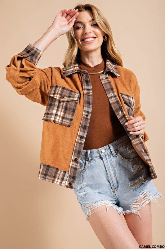 Contrast Plaid Snap Button Brushed | 2 Colors!-Long Sleeve Tops-Krush Kandy, Women's Online Fashion Boutique Located in Phoenix, Arizona (Scottsdale Area)