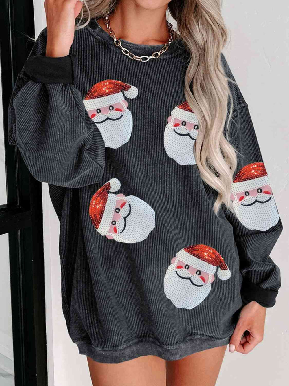 Sequin Santa Patch Ribbed Sweatshirt-Krush Kandy, Women's Online Fashion Boutique Located in Phoenix, Arizona (Scottsdale Area)