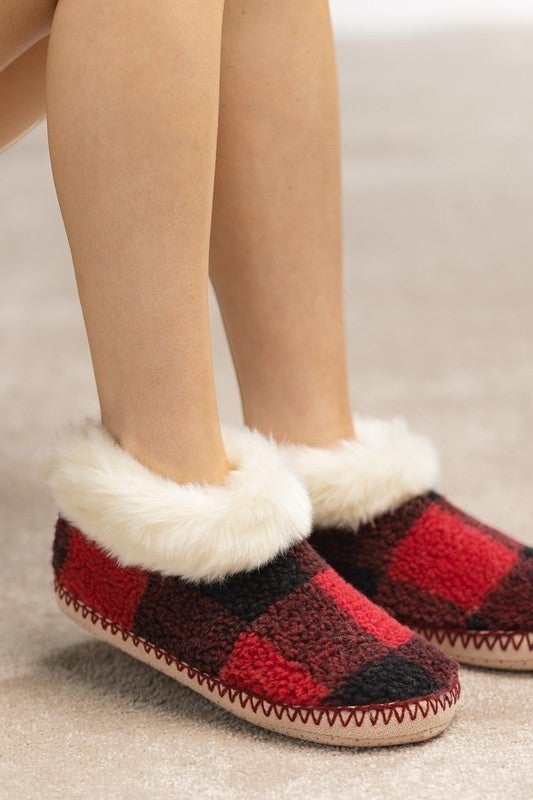 Slipping In The Snow Buffalo Check Fur Slippers-Slippers-Krush Kandy, Women's Online Fashion Boutique Located in Phoenix, Arizona (Scottsdale Area)