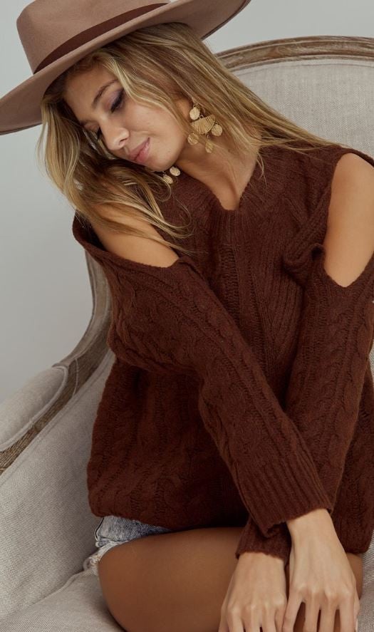 Bibi: Twist Knit Open Shoulder Sweater | S-XL, 2 Colors-Sweaters-Krush Kandy, Women's Online Fashion Boutique Located in Phoenix, Arizona (Scottsdale Area)