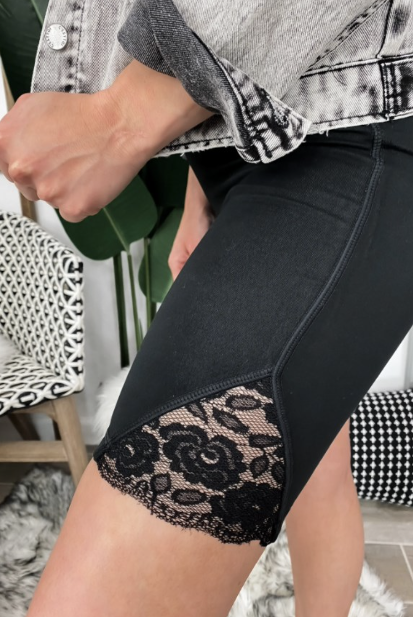 Mono B Feeling Fine Floral Lace Accent Highwaist Biker Short Leggings-Shorts-Krush Kandy, Women's Online Fashion Boutique Located in Phoenix, Arizona (Scottsdale Area)