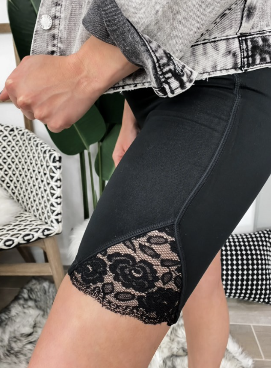 Mono B Feeling Fine Floral Lace Accent Highwaist Biker Short Leggings-Activewear Bottoms-Krush Kandy, Women's Online Fashion Boutique Located in Phoenix, Arizona (Scottsdale Area)