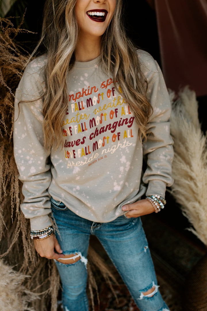 Love Fall Most of All Bleached Sweatshirt-Graphic Tees-Krush Kandy, Women's Online Fashion Boutique Located in Phoenix, Arizona (Scottsdale Area)
