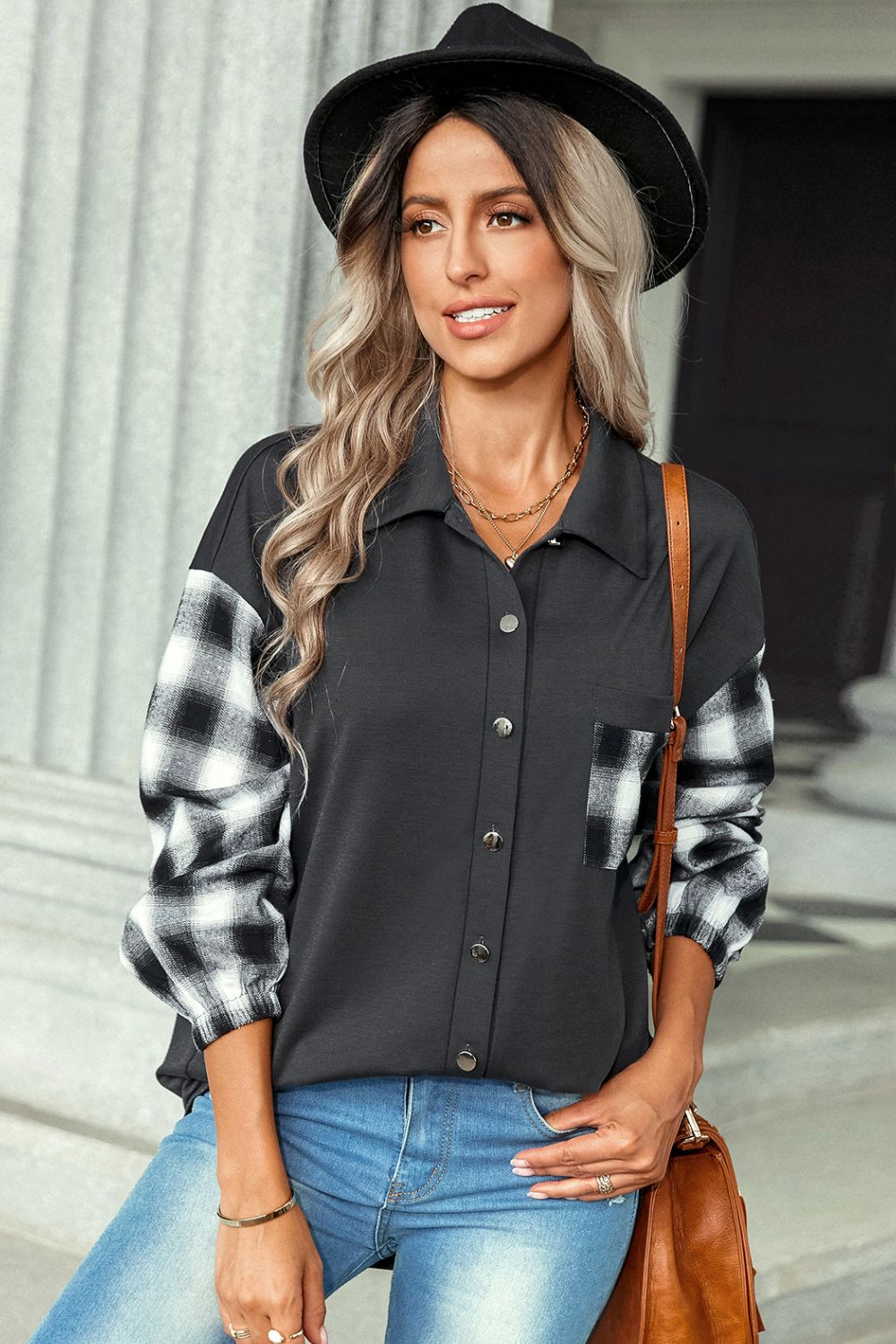 Falling For You Plaid Sleeve Button Up-Long Sleeve Tops-Krush Kandy, Women's Online Fashion Boutique Located in Phoenix, Arizona (Scottsdale Area)