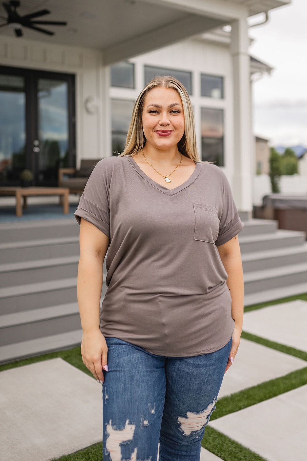 Absolute Favorite V-Neck in Dark Taupe-Short Sleeve Tops-Krush Kandy, Women's Online Fashion Boutique Located in Phoenix, Arizona (Scottsdale Area)