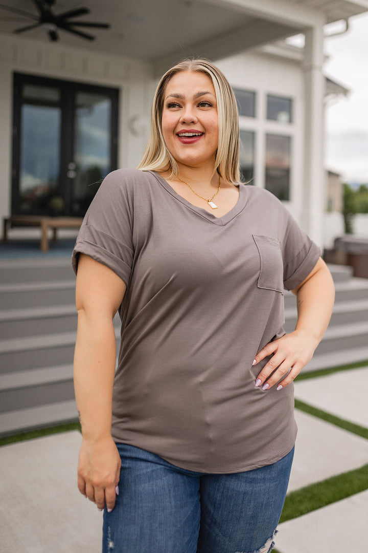 Absolute Favorite V-Neck in Dark Taupe-Short Sleeve Tops-Krush Kandy, Women's Online Fashion Boutique Located in Phoenix, Arizona (Scottsdale Area)