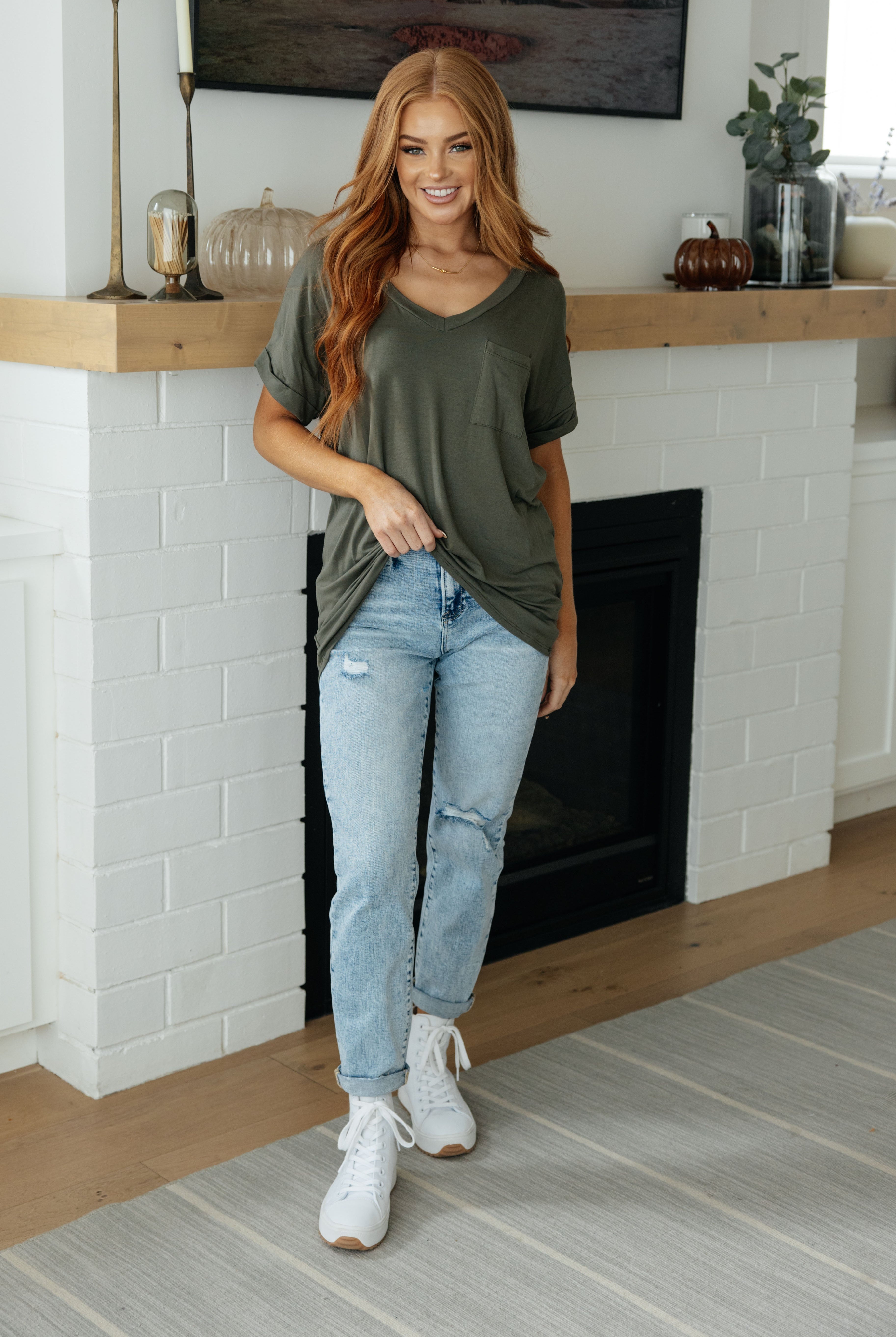 Absolute Favorite V-Neck Top in Olive-Short Sleeve Tops-Krush Kandy, Women's Online Fashion Boutique Located in Phoenix, Arizona (Scottsdale Area)