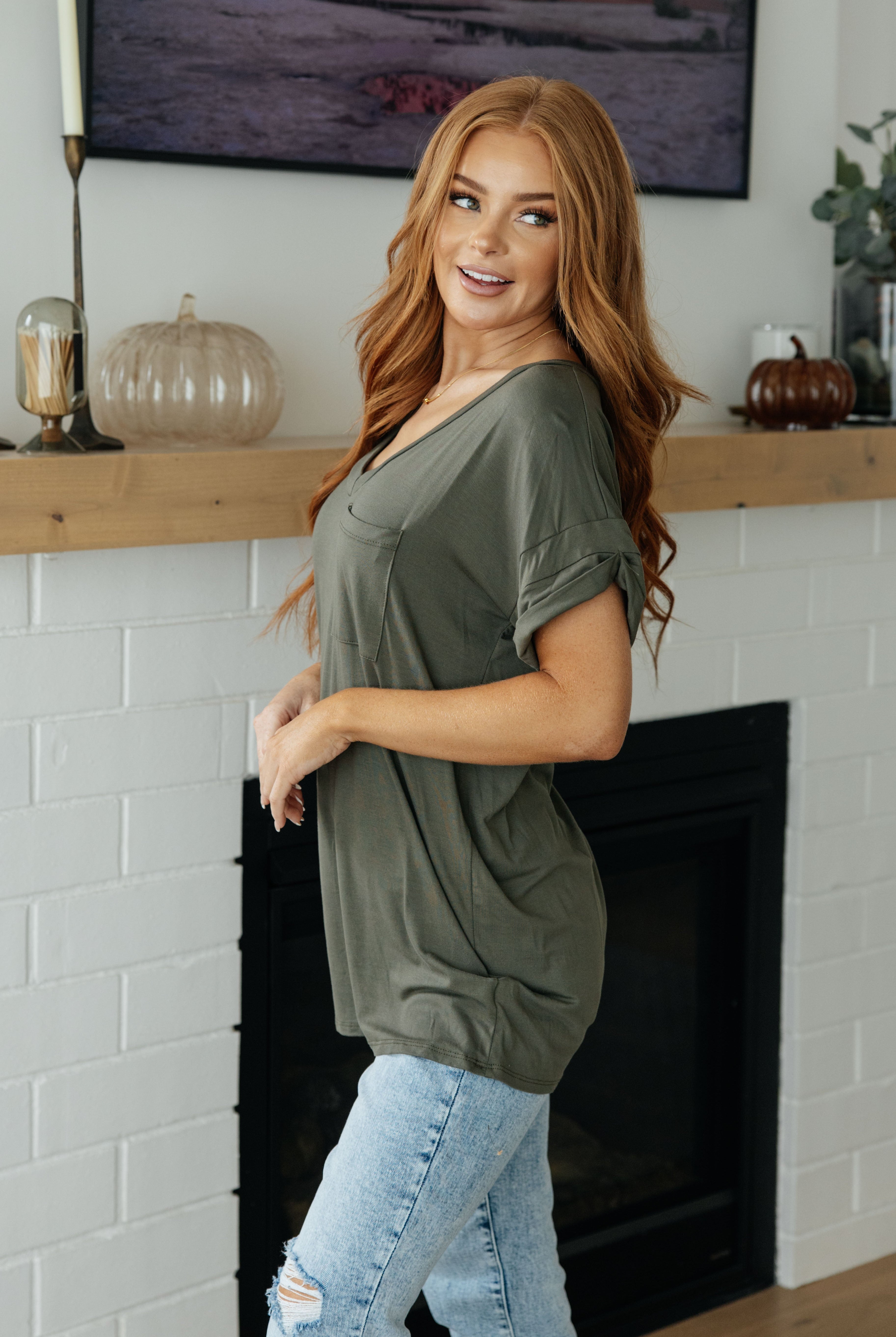 Absolute Favorite V-Neck Top in Olive-Short Sleeve Tops-Krush Kandy, Women's Online Fashion Boutique Located in Phoenix, Arizona (Scottsdale Area)