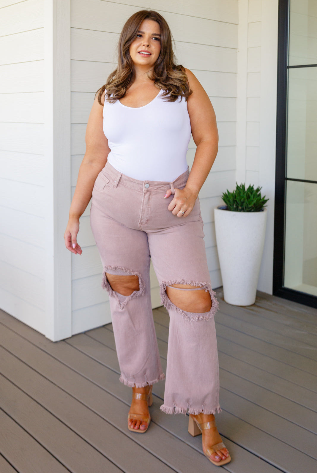 Risen Babs High Rise Distressed Straight Jeans in Mauve-Jeans-Krush Kandy, Women's Online Fashion Boutique Located in Phoenix, Arizona (Scottsdale Area)