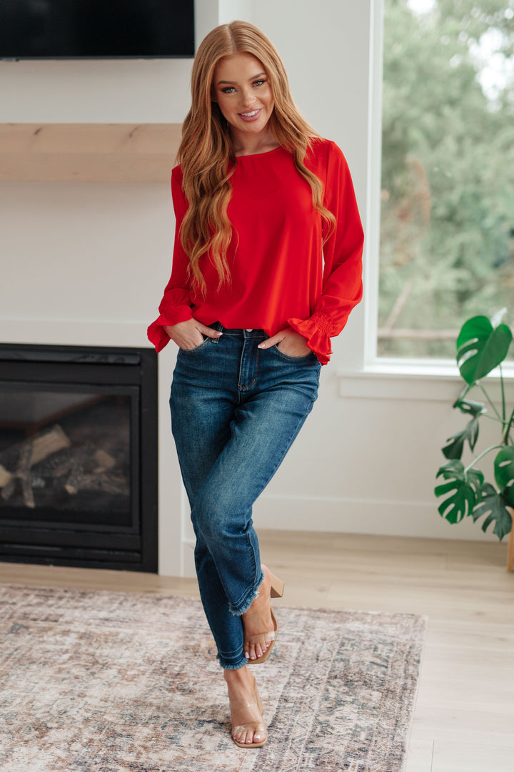 Peaceful Moments Smocked Sleeve Blouse in Red-Long Sleeve Tops-Krush Kandy, Women's Online Fashion Boutique Located in Phoenix, Arizona (Scottsdale Area)