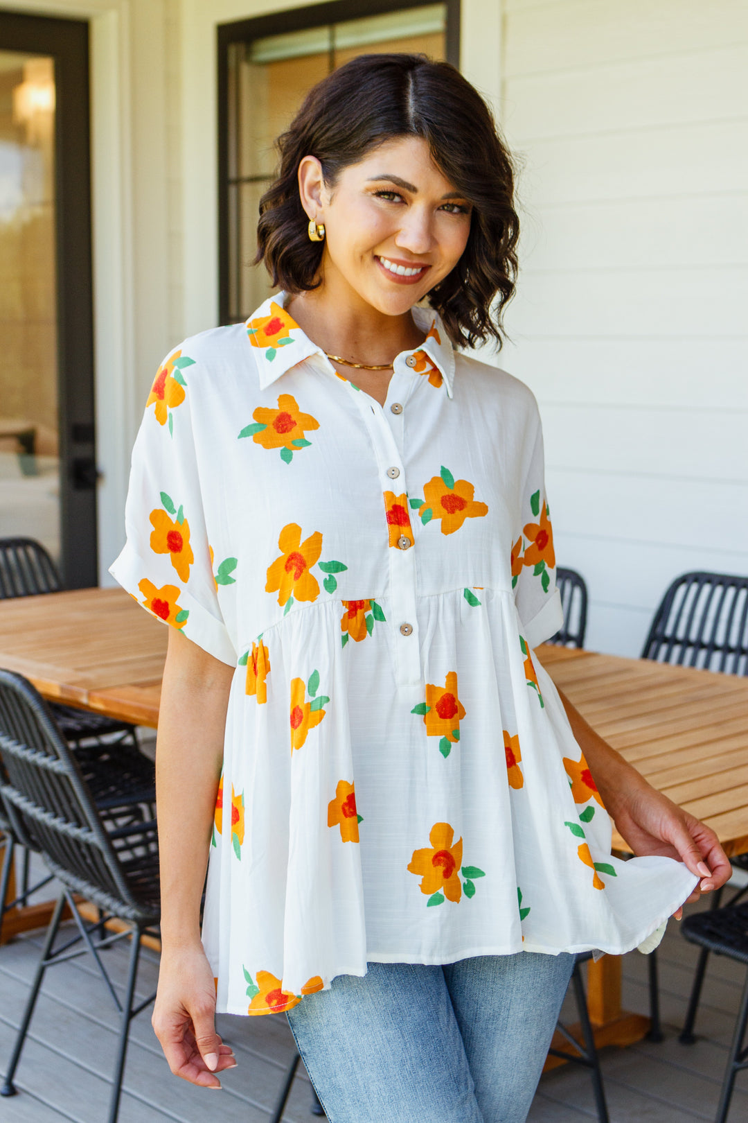 Blissed Out Button Up Babydoll Tunic-Short Sleeve Tops-Krush Kandy, Women's Online Fashion Boutique Located in Phoenix, Arizona (Scottsdale Area)