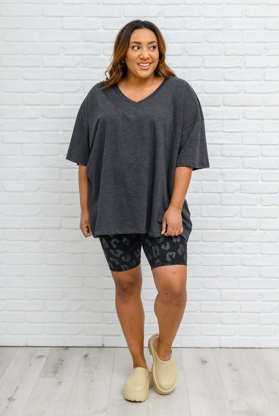 Boxy V Neck Boyfriend Tee In Charcoal-Short Sleeve Tops-Krush Kandy, Women's Online Fashion Boutique Located in Phoenix, Arizona (Scottsdale Area)