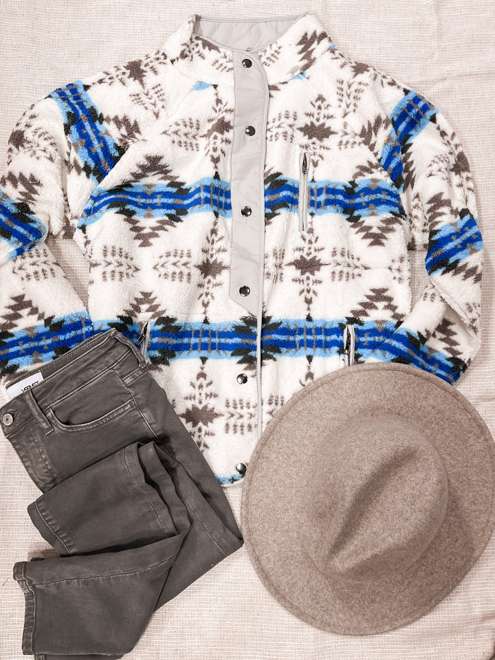 Aztec Fleece Snap Button Down Jacket-Jackets-Krush Kandy, Women's Online Fashion Boutique Located in Phoenix, Arizona (Scottsdale Area)