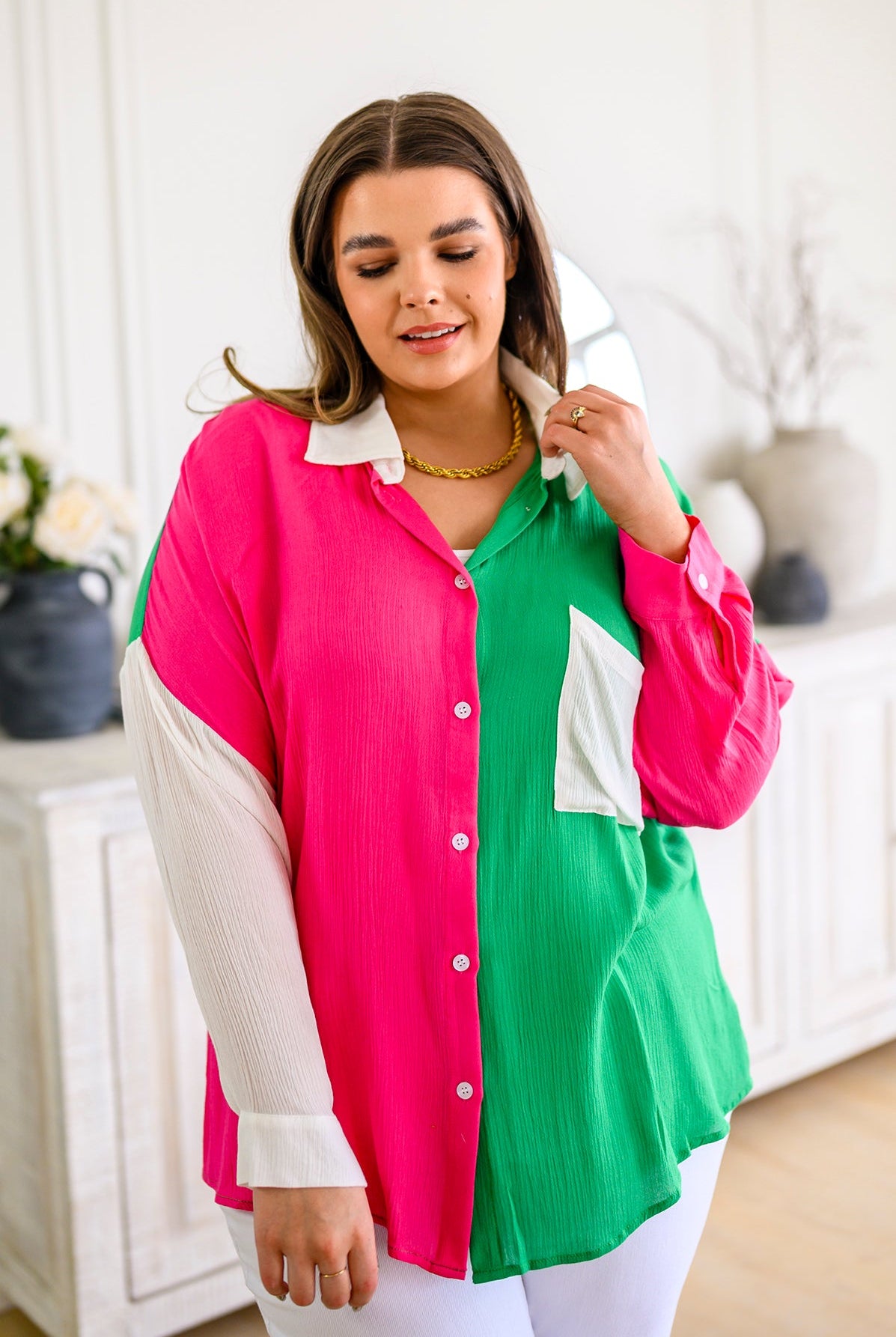 Capture the Day Two Toned Button Up Kelly-Long Sleeve Tops-Krush Kandy, Women's Online Fashion Boutique Located in Phoenix, Arizona (Scottsdale Area)