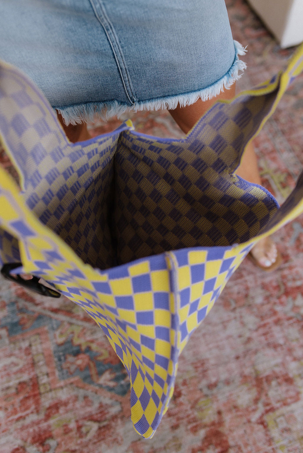 Checkerboard Lazy Wind Big Bag in Lilac & Yellow-Purses & Bags-Krush Kandy, Women's Online Fashion Boutique Located in Phoenix, Arizona (Scottsdale Area)
