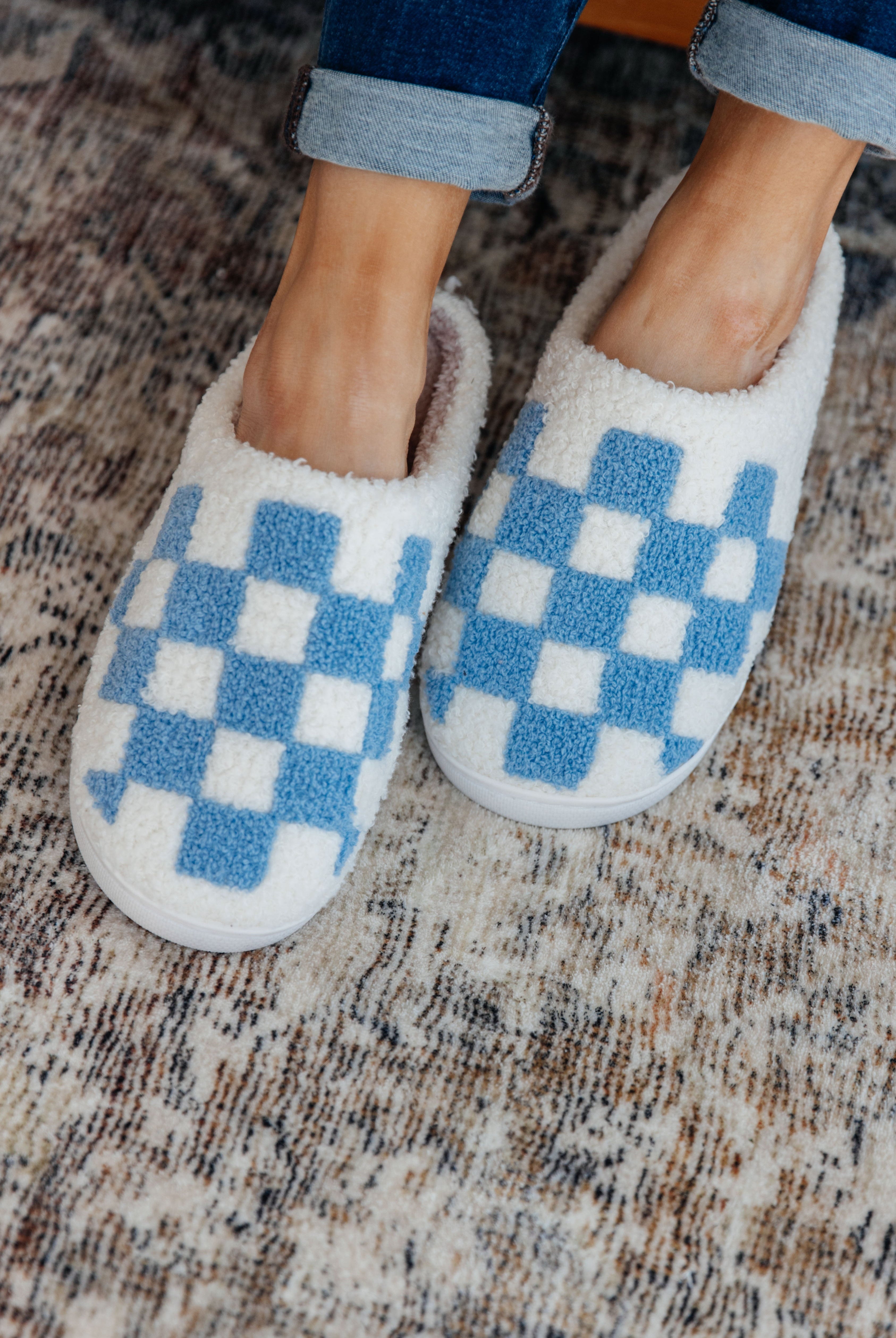 Checked Out Slippers in Blue-Slippers-Krush Kandy, Women's Online Fashion Boutique Located in Phoenix, Arizona (Scottsdale Area)
