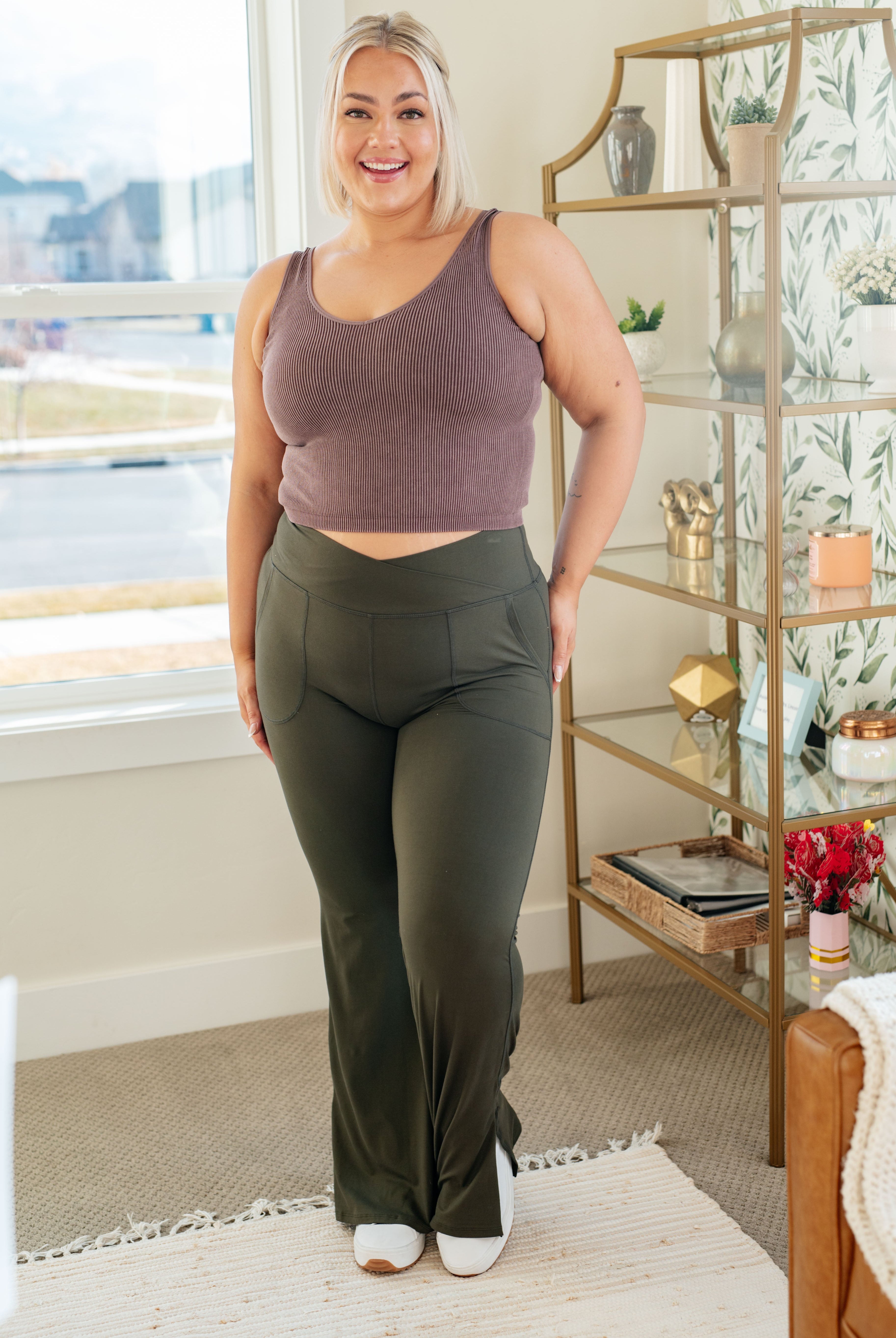On the Move V Front Flare Leggings in Olive-Leggings-Krush Kandy, Women's Online Fashion Boutique Located in Phoenix, Arizona (Scottsdale Area)