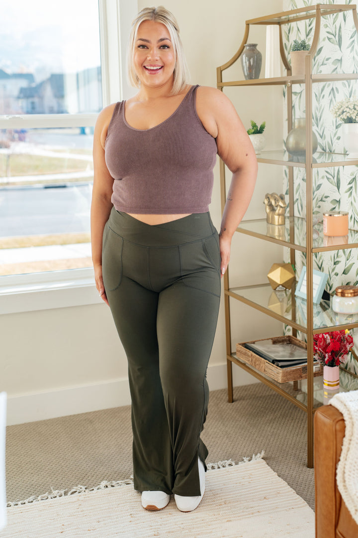 On the Move V Front Flare Leggings in Olive-Leggings-Krush Kandy, Women's Online Fashion Boutique Located in Phoenix, Arizona (Scottsdale Area)