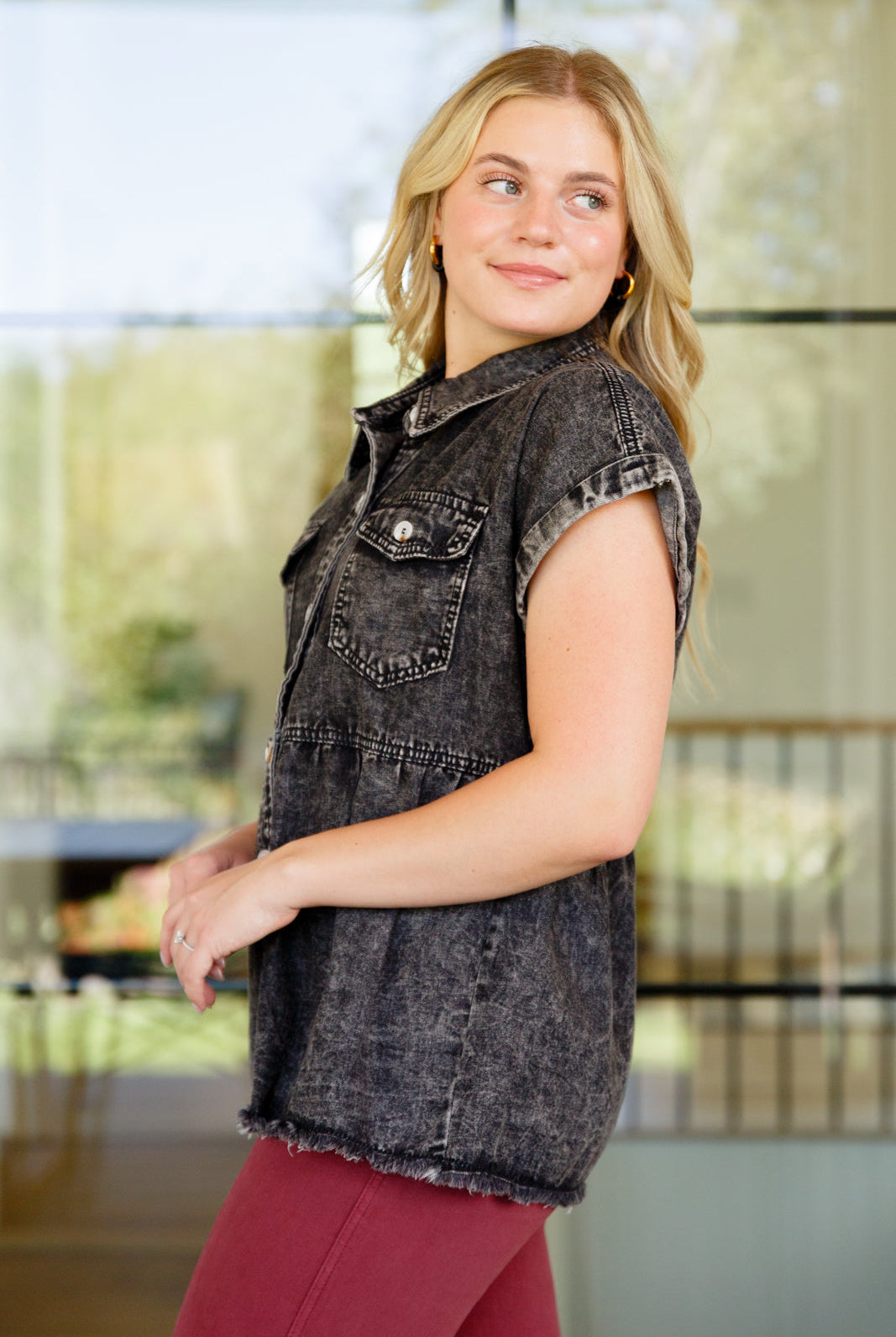Cool and Carefree Denim Button Down-Short Sleeve Tops-Krush Kandy, Women's Online Fashion Boutique Located in Phoenix, Arizona (Scottsdale Area)